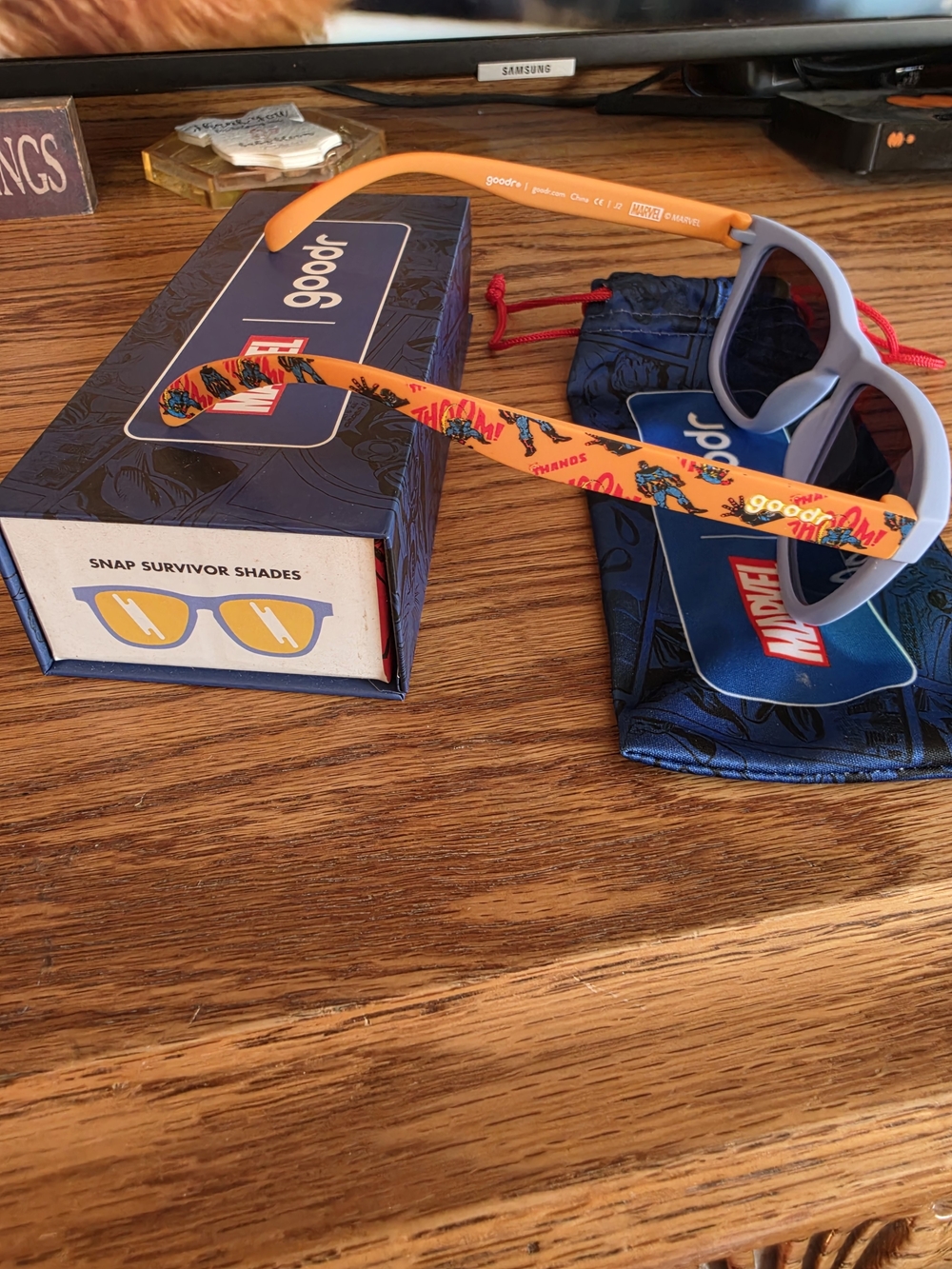 Goodr Men’s Orange and Light Gray Marvel Snap Survivor Sunglasses